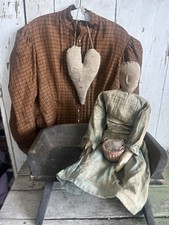 Antique Primitive Homespun Folky Rag doll, Vintage Basket And Childs Wagon Seat picture