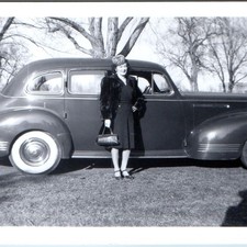 c1940s Fashionable Woman Fur Coat 1941 Pontiac Sedan Snapshot Photo Whitewalls picture