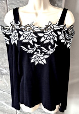 INC International Concepts S Open Shoulder Black/White Embroidered Lace KNIT TOP picture