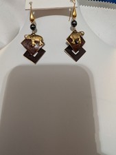 Vintage 1990s Artisan Elephant Dangle Earrings Brown Metal Geometric Boho picture