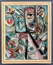 Mid Century Modern Style Abstract Surrealism Painting Vintage Frame By Ehle picture