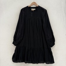 LOFT Dress Womens M Black Swiss Dot Long Sleeve Trapeze Ruffle Hem Lined NWT picture