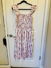 francesca's White/Red Floral Smocked Square Neck Ruffle Strap Midi Sundress M picture