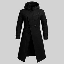 Men’s Gothic Wool Trench Coat Hooded Long Black Jacket Steampunk Cosplay Costume picture
