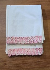 Vintage Pink Hand Crochet Lace Pillowcases Pair W.T. Grant Cotton Percale USA picture