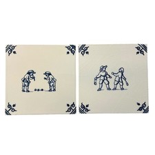 VTG Delft Blue Holland Decorative Ceramic Tiles Hand Painted Children Lot of 2 picture