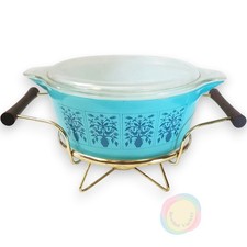 Vintage Pyrex Saxony Tree of Life 2.5 Qt Casserole 475-B Lid Warmer Cradle Stand picture