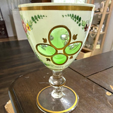 Antique/ Vtg Bohemian Opaline Glass Goblet Green Cut Overlay Gilt Floral 4.5” picture
