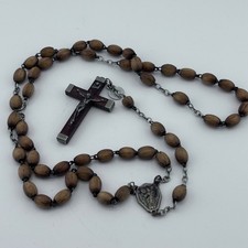 Vintage French Wood Rosary Beads Catholic Marian Center Metal Necklace picture