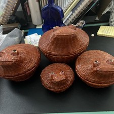 Vintage 60's Wicker Rattan Frog/Toad Nesting Basket Set Of 4 Super Rare Unused picture