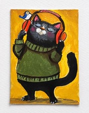 Stanley Takes No Requests Cat ACEO Hand Painted Original Funny Music Art picture