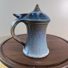 Vtg Bill Campbell Pottery Blue Brown Drip Glaze Handled Shaker 5.5