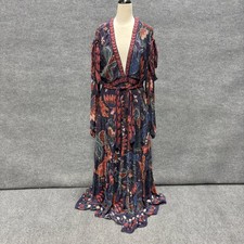 Farm Rio Dress Womens L Multicolor Floral Long Sleeve Belted V Neck Maxi Boho picture