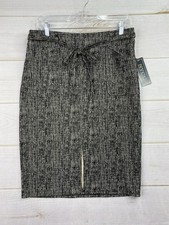NYCC Pencil Skirt Sz M Black Tan Textured Pattern Paperbag Waist Belted Stretch picture