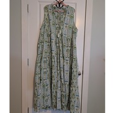 Crown & Ivy Womens 4X Maxi Dress Green Blue Tropical Tassel Tiered Cotton Gown picture