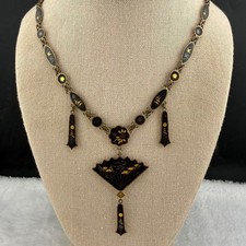 Vintage Damascene Necklace Black Japanese Fan Inlay Birds Women 18in picture