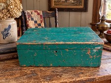 Primitive Wood Document Box Trunk Tool Box Green Paint Dovetailed Antique picture