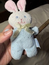 Vintage EDEN Terry Cloth Plush BUNNY Rabbit Rattle White 7” Blue Yellow Bow Mini picture