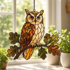 Owl Acrylic Suncatcher, Oak Leaves Window Hanging, Bird Wall Decor, Vintage Home picture