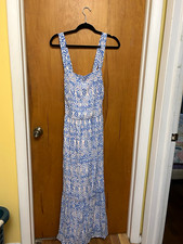 Lane Bryant 16 Blue White Geometric Square Neck Strappy Maxi Dress Zip picture