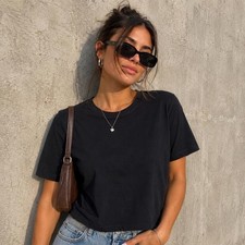 Athleta Black Relaxed Short Sleeve Top Womens Medium Crew Neck Boxy Athleisure picture
