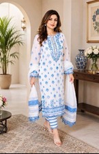Handmade Women’s Pakistani Shalwar Kameez 3PC Suit White Cotton w/ Dupatta picture