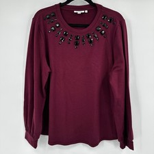 Chicos Burgundy Embellished Long Sleeve Top Black Studded Neck XL Size 3 Jewel picture