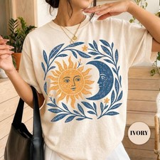 Celestial Sun & Moon Boho T-Shirt Vintage Botanical Tee Boho Floral Crescent picture