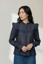 Isabel Marant Étoile Gilatedy Lace Smocked Cotton Blouse Navy  Size 42/US 10 picture