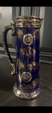ANTIQUE RIGA CROWN DEVON ENGLAND GOLD FLOW BLUE FLOWER DESIGN PITCHER picture