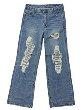 SHEIN Women’s Size XL Relaxed Straight Leg Destroyed Blue Jeans High Rise EUC picture
