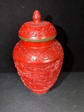 Vintage Chinese Carved Cinnabar Lacquer Ginger Jar Lidded Landscape Blue Enamel picture