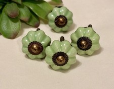 4 Antique Ceramic Drawer Pulls Green Flower Door Kitchen Cabinet Knob picture