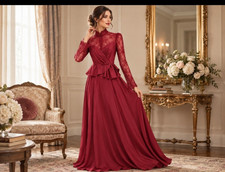 Vintage 1950s Burgundy Evening Gown Union Made ILGWU Sheer Lace Satin Peplum USA picture