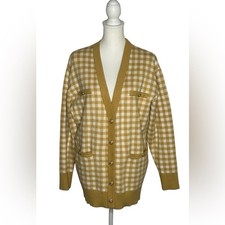 Joie Mustard and White Gingham Checkered Cardigan sz M boyfriend fit EUC preppy picture