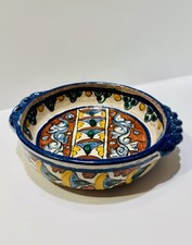 Vtg Artisanal Talavera Mexican Art Pottery Dual Handled Bowl/Cazuela 8” Unique picture