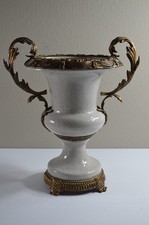 Elegant French Style Crackle Glaze Ceramic Urn Vase with Ornate Gold-Tone Metal  picture