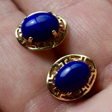 Vintage 14k Gold Oval Lapis Lazuli Greek Key Stud Earrings picture