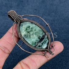 Copper Prehnite Gemstone Wire Wrapped Handmade Pendant Unique Artisan Jewelry picture