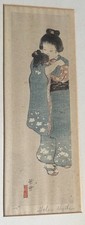 SIGNED ca.1900’s JAPANESE GIRL Hugging Doll by HELEN HYDE Color WOODBLOCK Framed picture