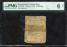 Pennsylvania Jan. 1, 1776 20 Shillings PMG G 6 NET Printed by Ben Franklin PA-76 picture
