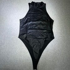 SHEIN Black Faux Leather Mock Neck Sleeveless Bodysuit XL 12 Thong Back 0049 picture