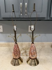 MCM TEARDROP POTTERY BASE W/ CONFETTI SPLATTER & BRASS ACCENTS PAIR ATOMIC picture