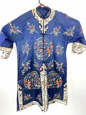 Antique Chinese Silk Embroidered Robe Republic Period 1920s Blue Medallion Coat picture