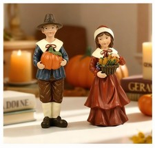 2 PCS Thanksgiving Pilgrim Resin Collectible Pumpkin Figurines Harvest Decor picture