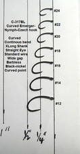 50 Curved Emerger/Nymph/Czech Hooks C-317BL Straight eye Barbless Black-Nickel picture