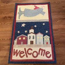 Vintage Folk Art Quilted Welcome Wall Hanging - Angel & Country Village 33 X 20 picture