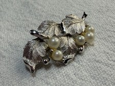 PENNINO Silver Tone Leaf & Faux Pearl Brooch Pin picture