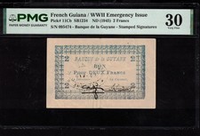 French Guiana 2 Francs WWII (1945)  SN 095474 P-11Cb PMG VF30 picture