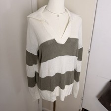 Haven Well Within Popover Sweater Sz L Linen Organic Cotton Green/White Striped picture